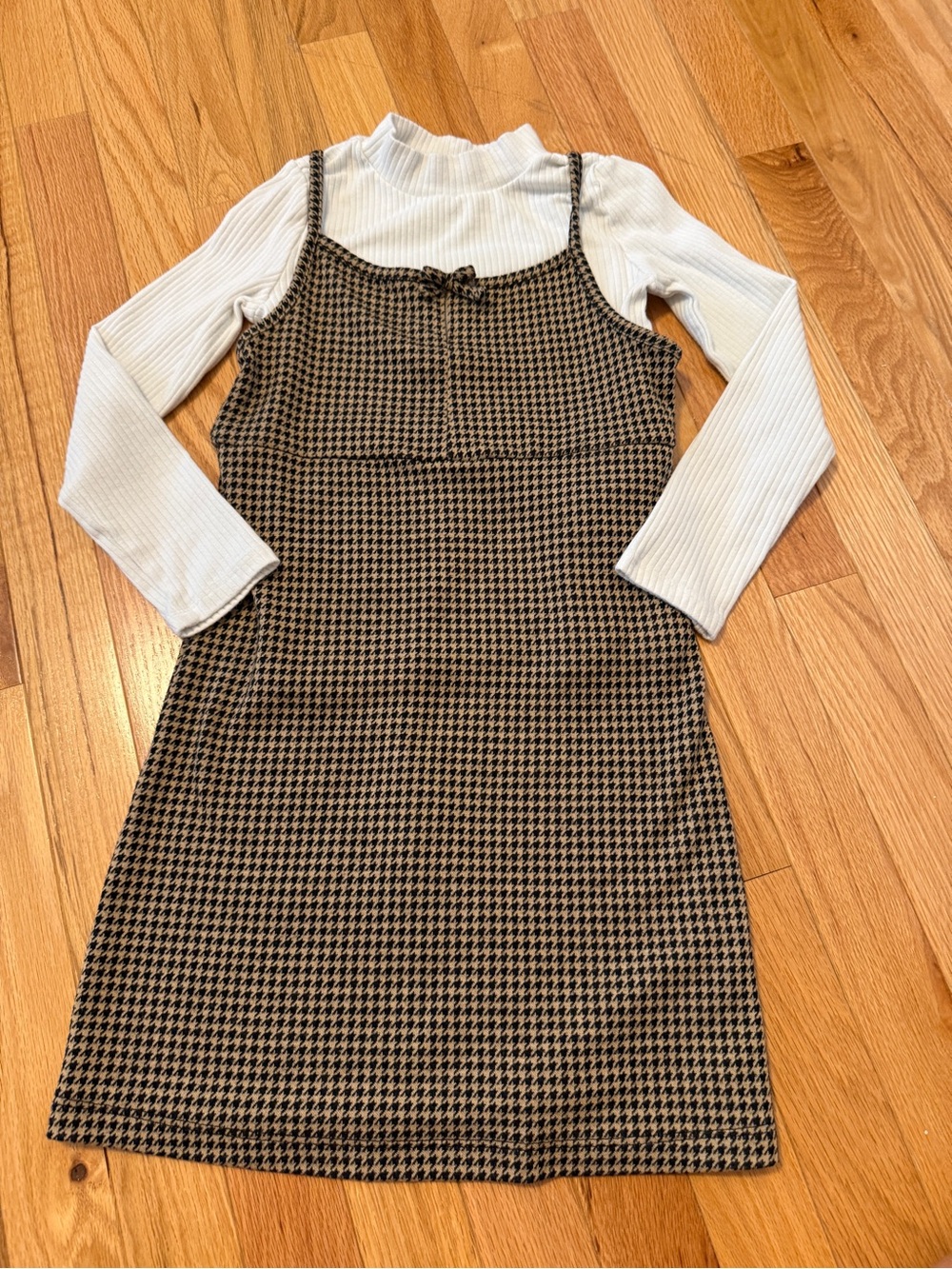 Carter's Brown Houndstooth Pinafore Dress with White Ribbed shirt
